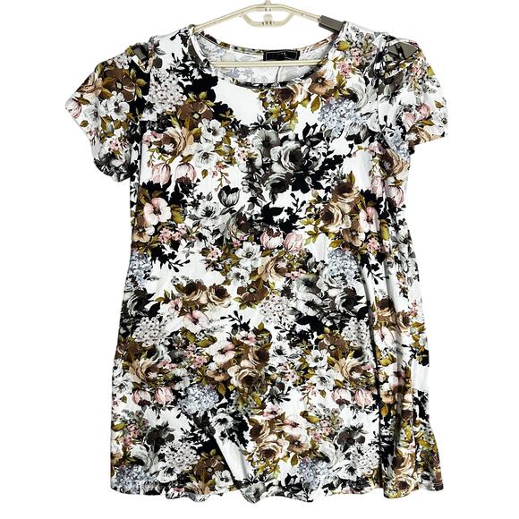 Vibe Dress Women Plus 1X Brown Pink Blue Floral Short Sleeve Stretch Round Neck - Picture 1 of 9
